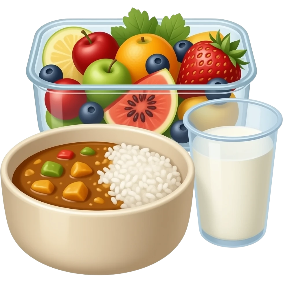 A beige ceramic bowl with curry rice, a glass lunch box with fruit, and a pp plastic cup with milk. emoji