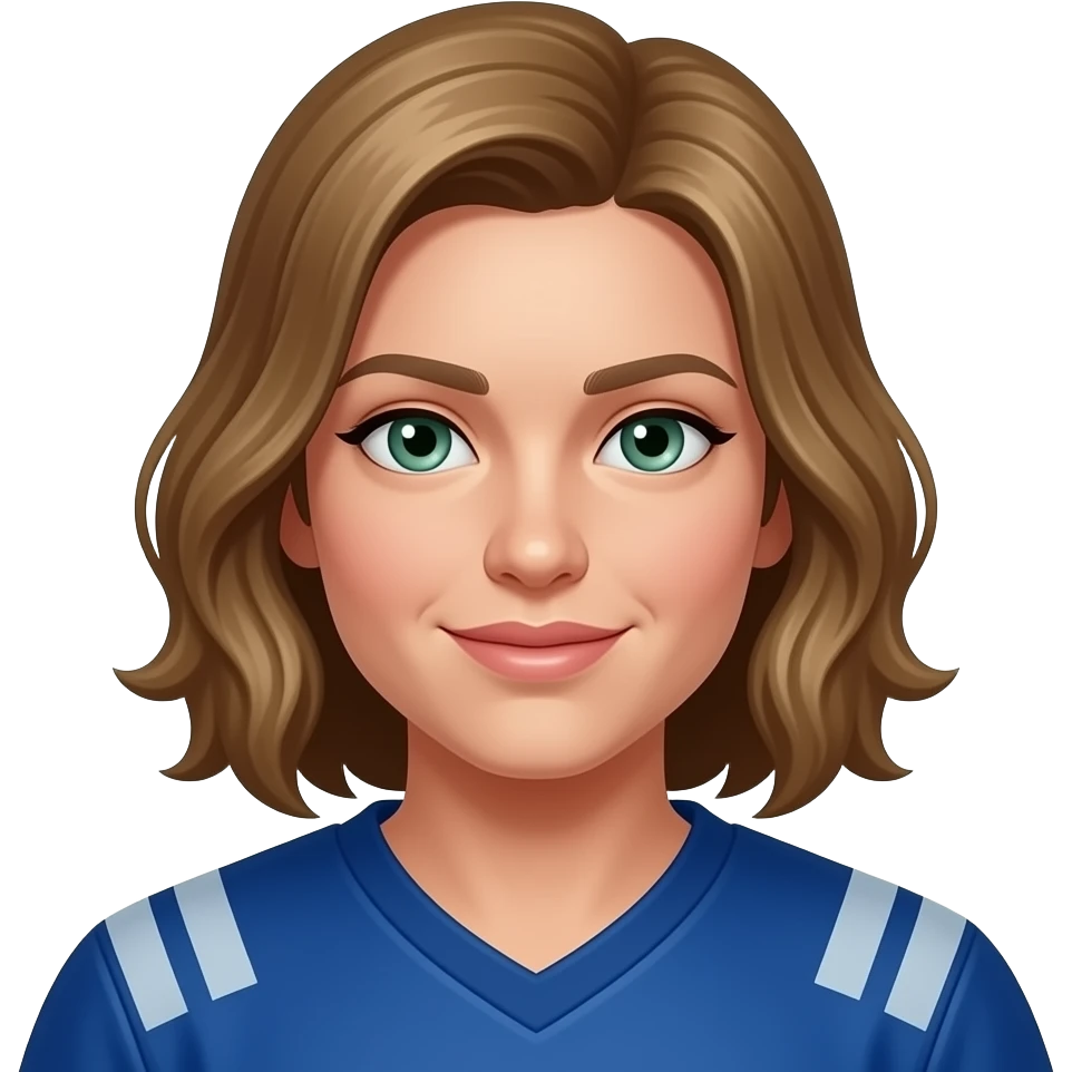Shot brown-blond hair greenish blueish eyes blue football top emoji