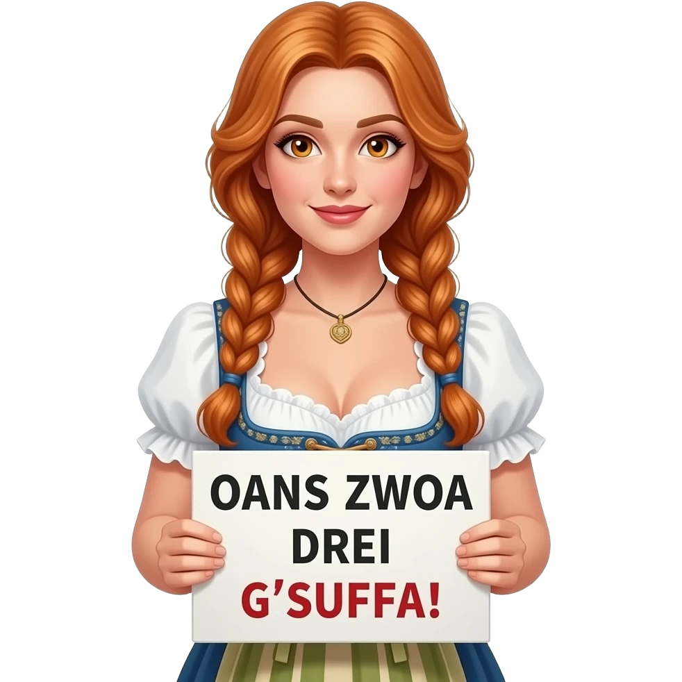 sexy girl with long wavy ginger braids and ginger eyes wearing a dirndl is holding a sign with OANS ZWOA DREI G'SUFFA! written on it emoji