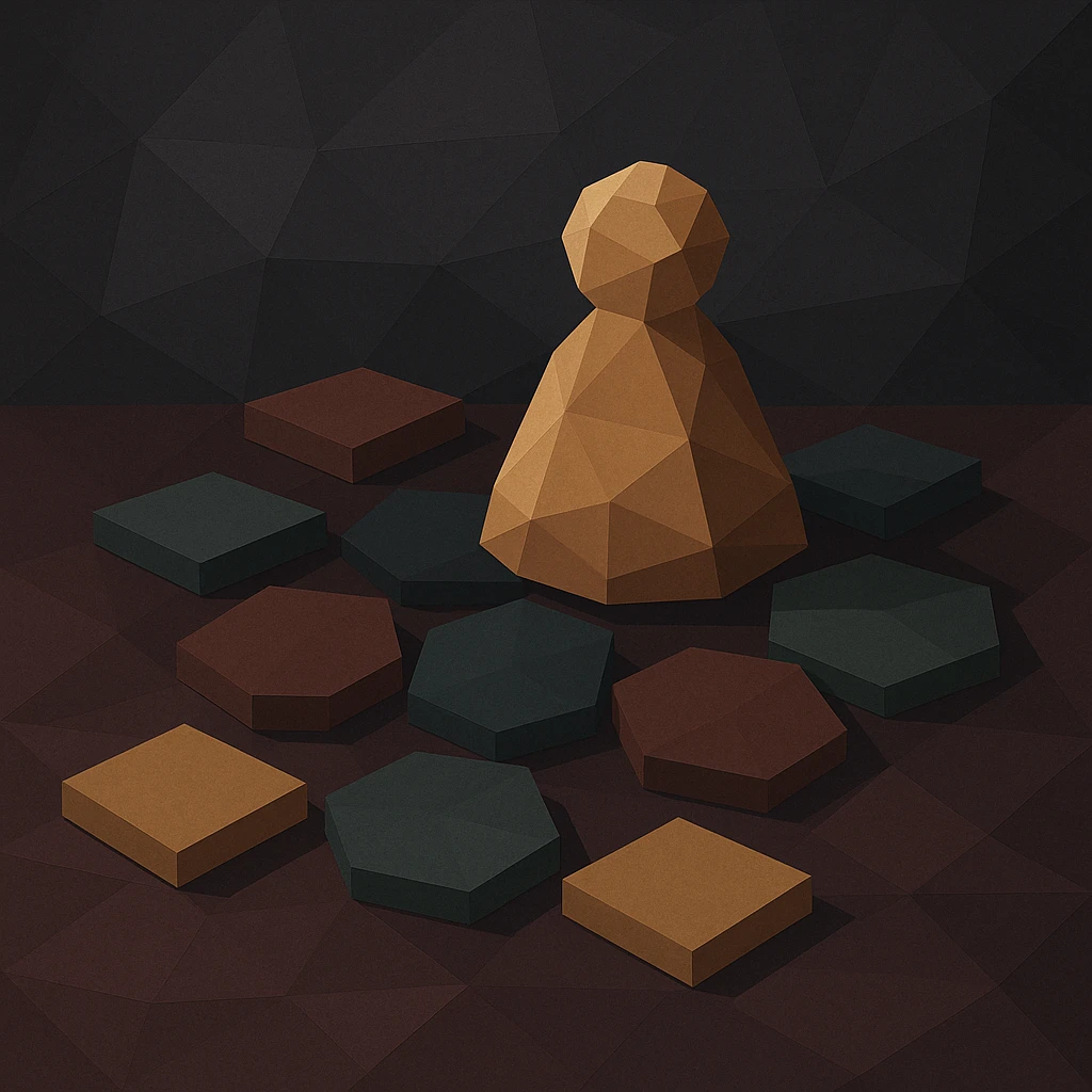 stylish icon of board game with scattered square and hex tiles, deep mature colors, less playful, refined vibe emoji