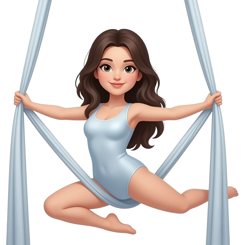crea un emoji di una ragazza mora con la pelle chiara che fa danza aerea sui tessuti aerei con una tuta stretta emoji