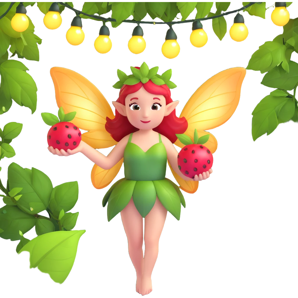 A fairy with wings, holding a red fruit with a leaf on her head, surrounded by green leaves and hanging lights. emoji