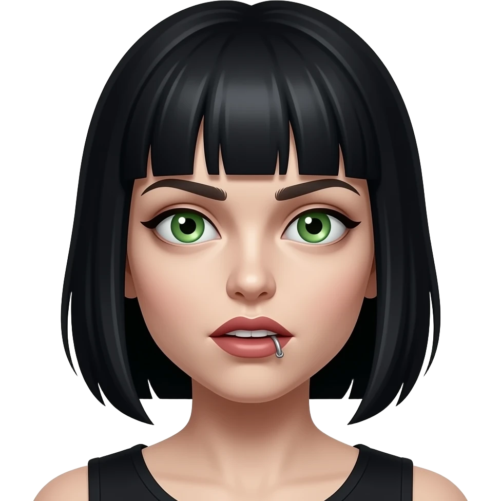 Zumbie mulher com o cabelo preto de franja com o olho verde e um piercing na boca emoji