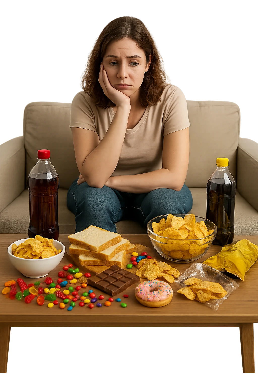 Donna tra i 25 e i 35 anni seduta sul divano o a un tavolo disordinato, circondata da cibi sparsi e poco sani: patatine, dolci, pane bianco, snack confezionati, bibite. con insulino resistenza emoji