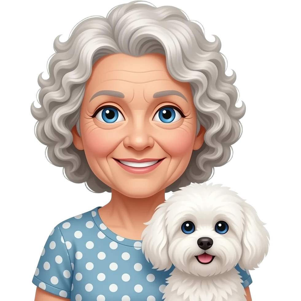 Elderly woman blue eyes very curly hair with maltese dog emoji