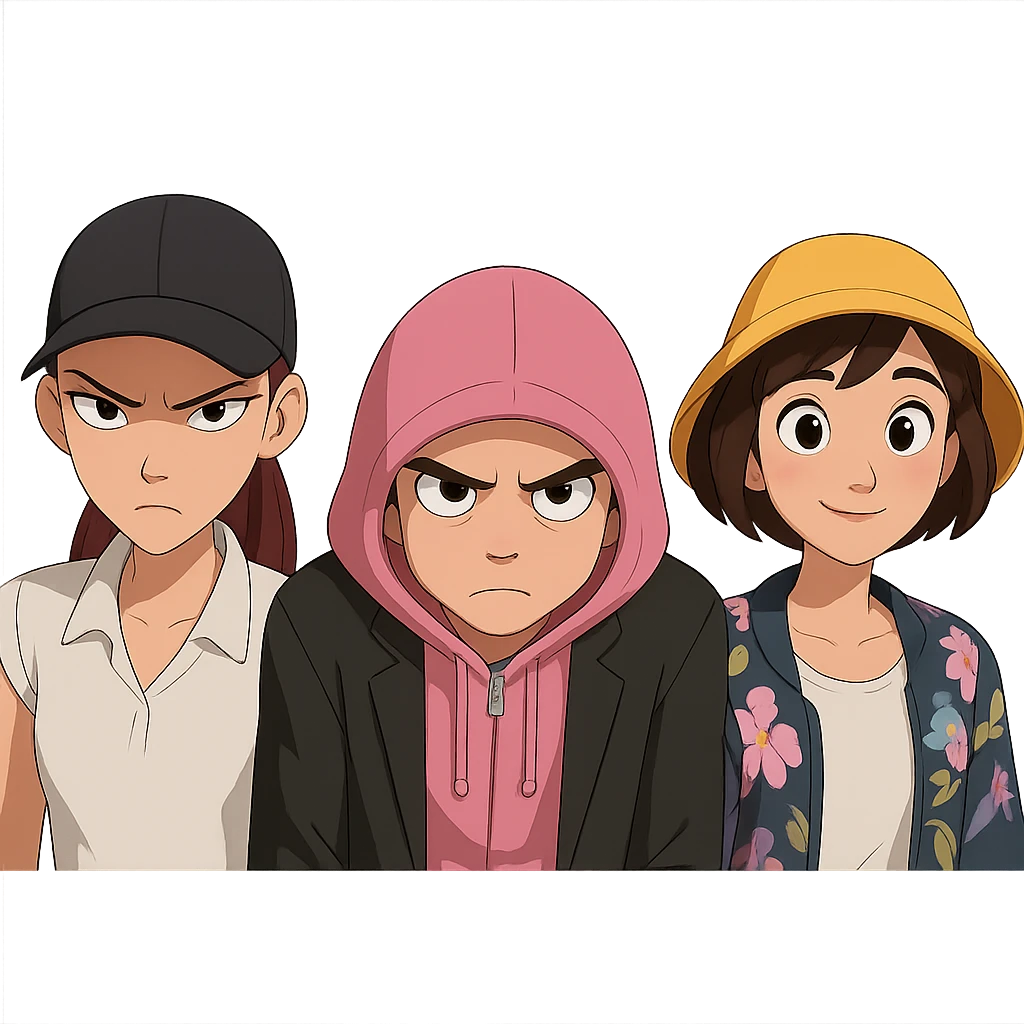 Extract the three characters from the image and place them together on a transparent background, keeping the original style and appearance. emoji