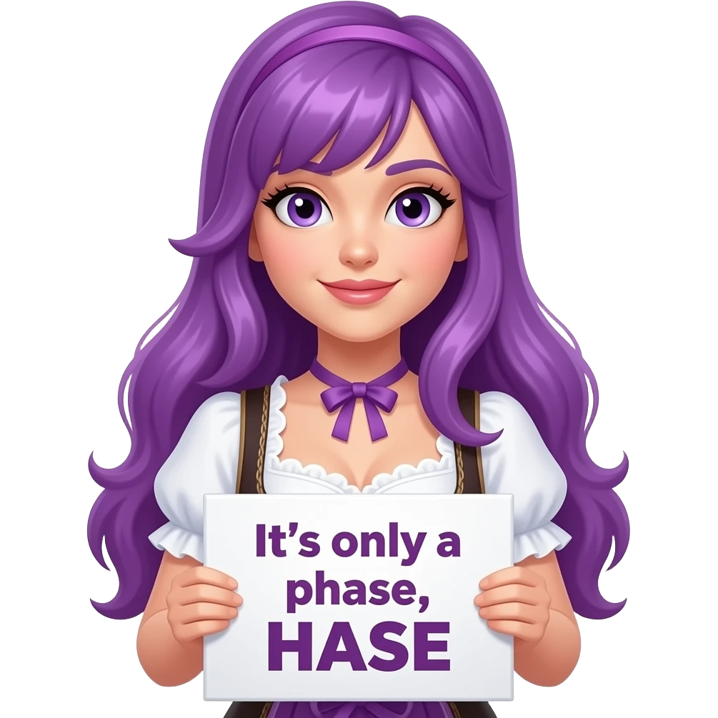 sexy girl with long purple hair and purple eyes wearing a dirndl holding a Es ist nur eine Phase HASE sign emoji