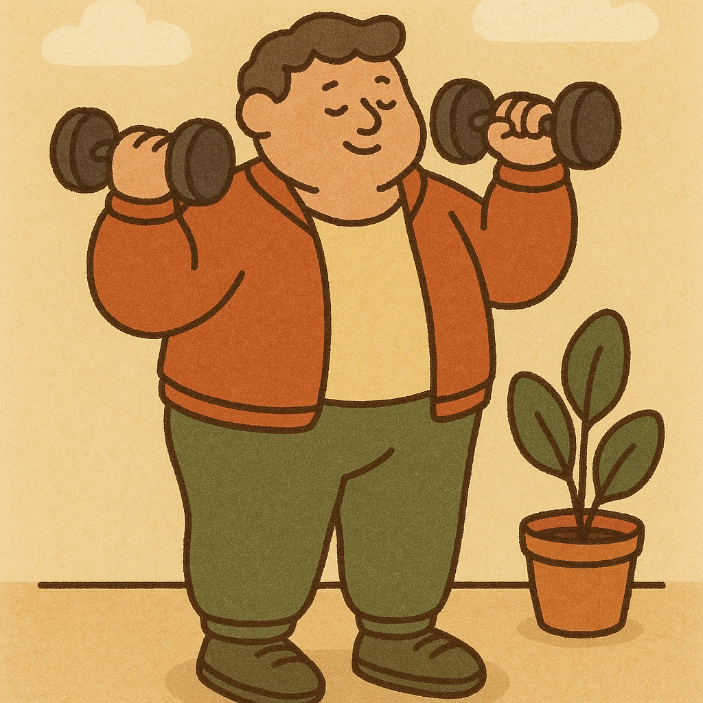 chubby man in colorful sportswear lifting dumbbells, flat and cheerful style emoji