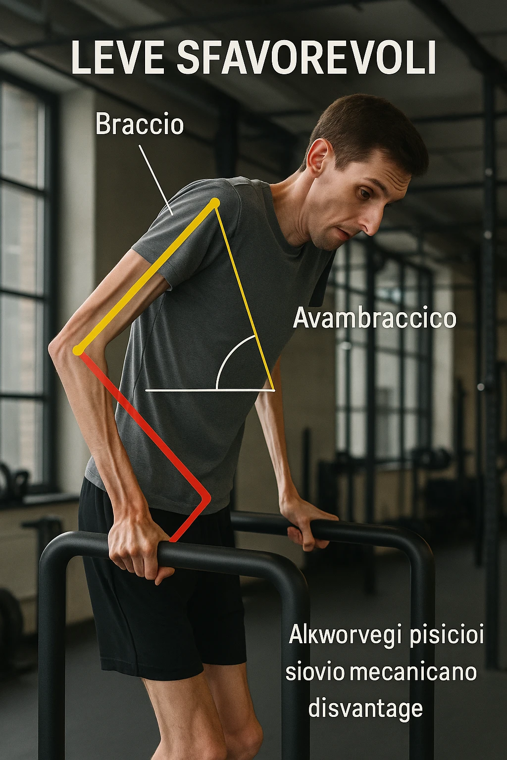 a tall, lean man with very long arms and a short torso attempts a dip on parallel bars. His elbows are deeply bent and his body appears awkwardly positioned, highlighting the mechanical disadvantage. An overlay shows anatomical lines and angles, with labels explaining “Leve Sfavorevoli” The background is a modern gym, with a focus on biomechanics. in italiano emoji