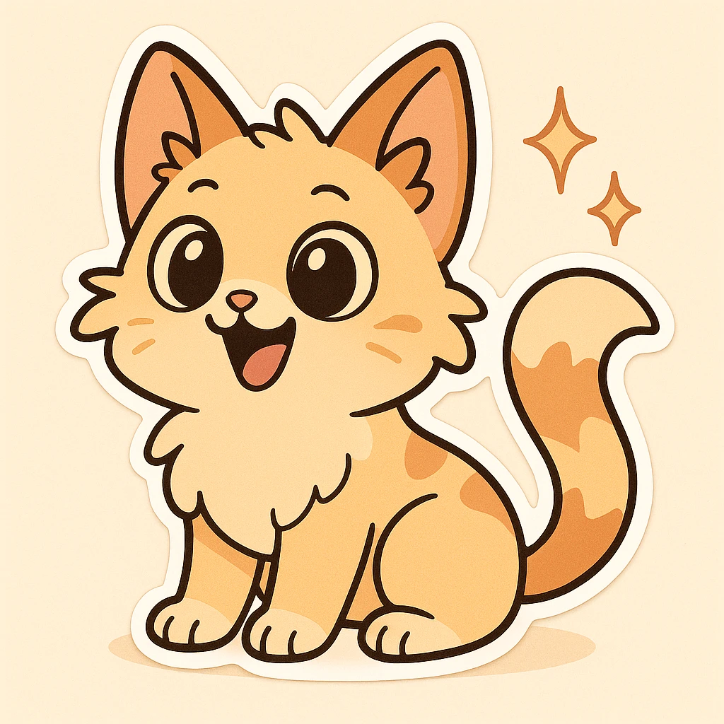 Make this joyful dog-cat mix look more like a cat, with fluffy fur, cat eyes, and a curled tail, keeping the open mouth smile and lively cartoon style. emoji