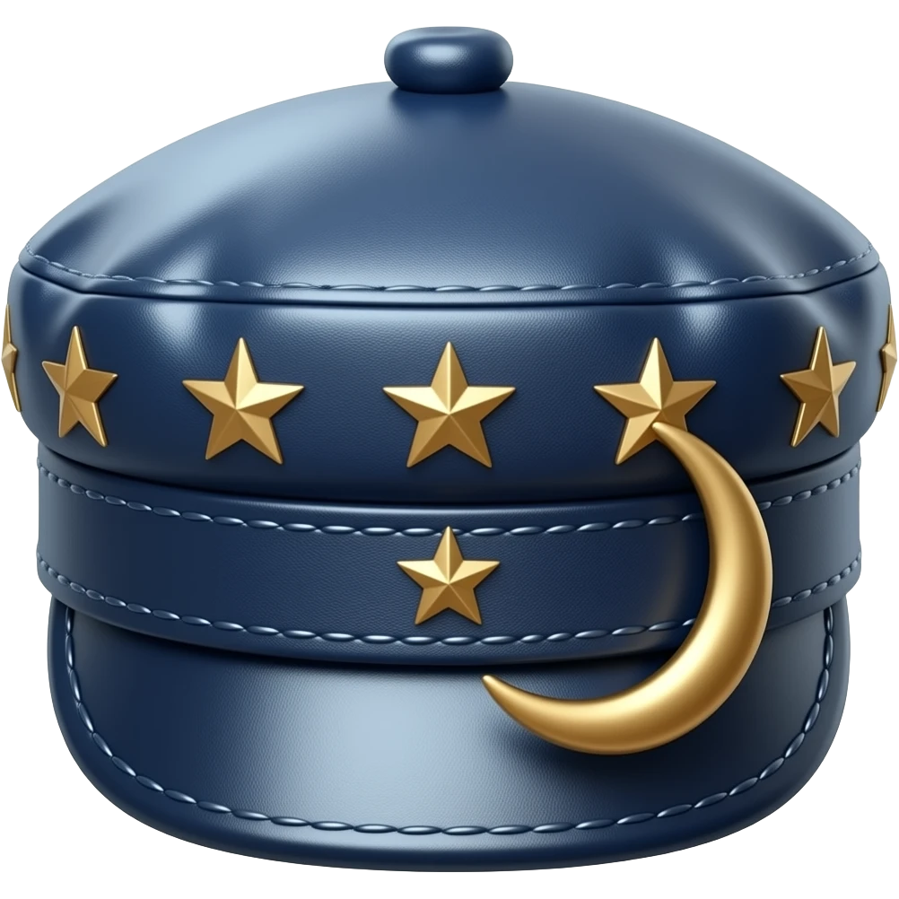 Dark navy-indigo flat leather Dommy Kepi hat with gold stars and a gold crescent on the side emoji