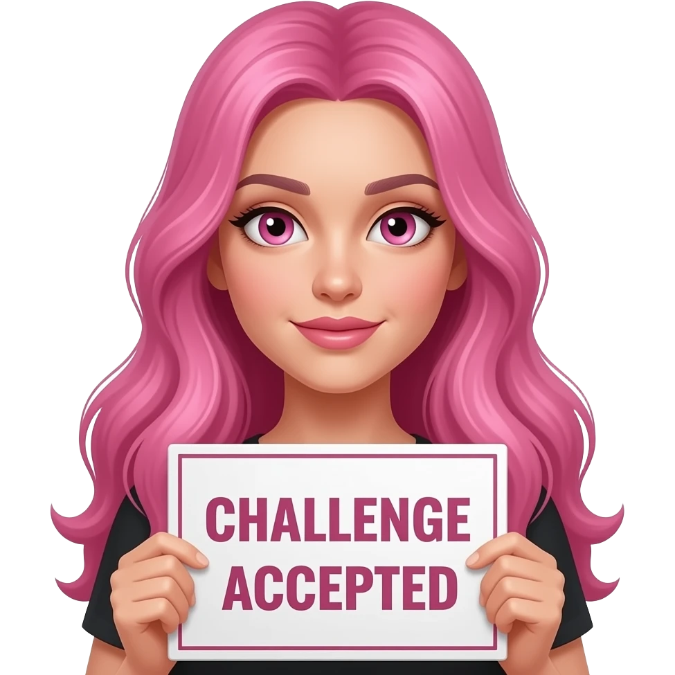 sexy girl with long pink hair and pink eyes wearing a holding a CHALLENGE ACCEPTED sign emoji