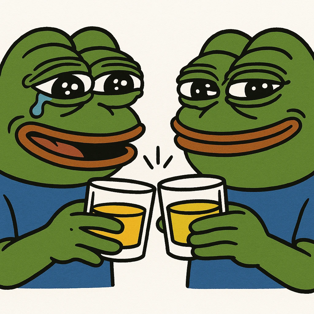 Pepe the Frog clinking whiskey glasses with another Pepe, in pepe meme style emoji