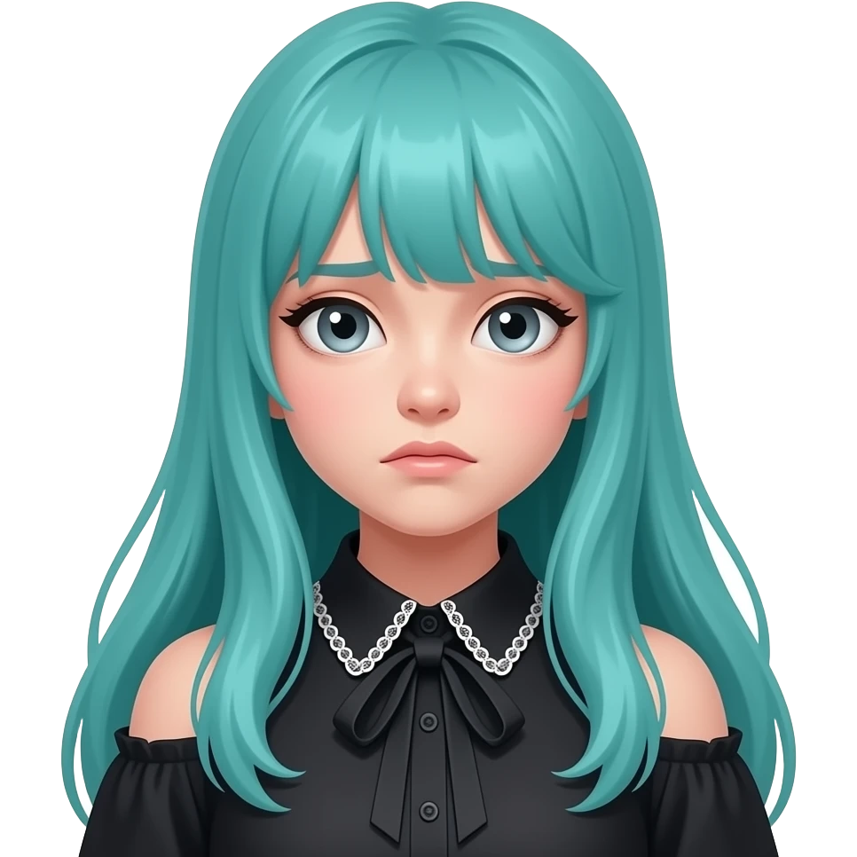 girl, embarrassed, long flowing teal hair, grey eyes, black shoulder cyberpunk blouse with fancy white collar emoji