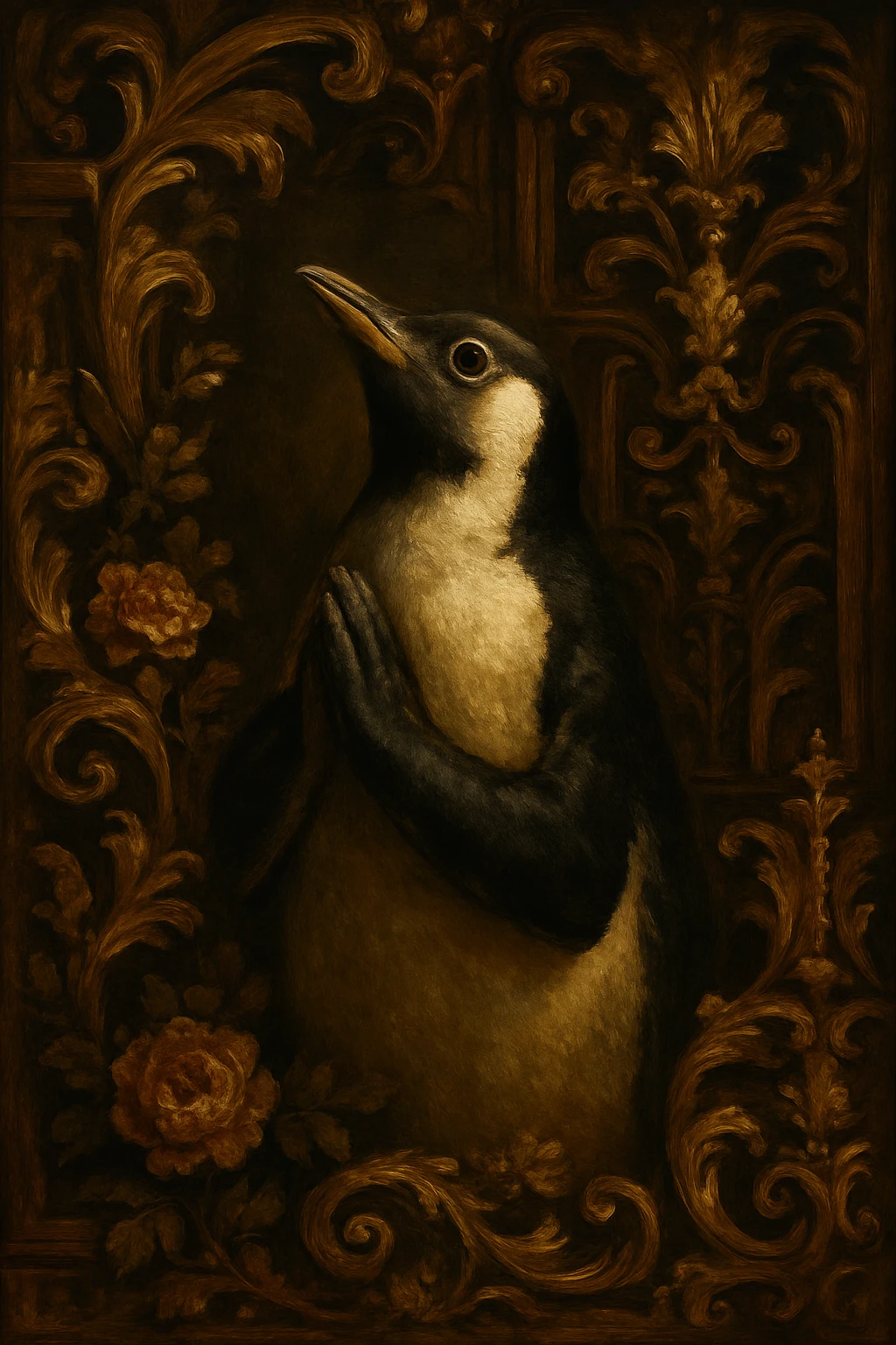 a penguin in baroque style, with dramatic lighting, looking upwards with flippers together in a pleading gesture, praying, surrounded by ornate baroque decorations emoji
