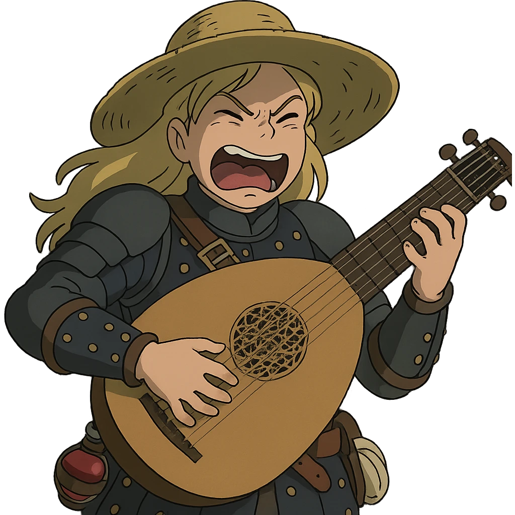 A female bard , blond hair, wearing brigandine armor with a sturdy straw hat, playing a fat medieval lute and singing, night time shadows, tool belt with red potion and bandages, mischievous grin, anger emoji