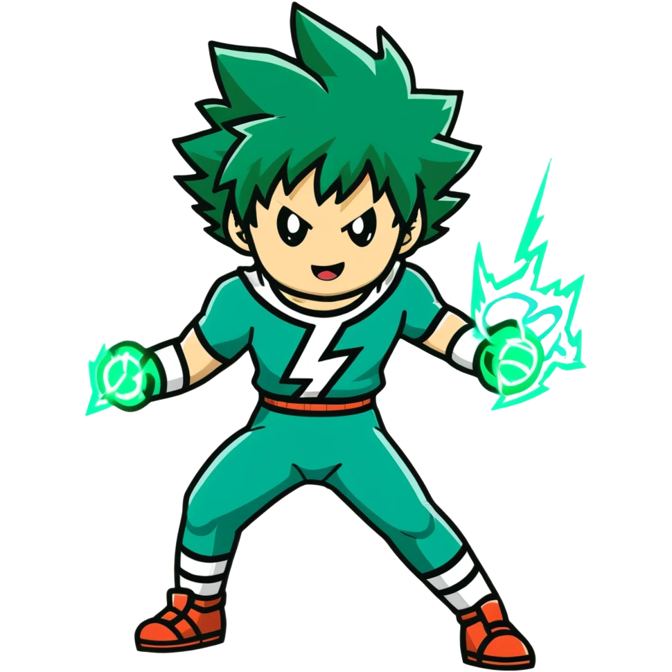 Izuku Midoriya (Deku) from My Hero Academia using One For All power with green lightning emoji