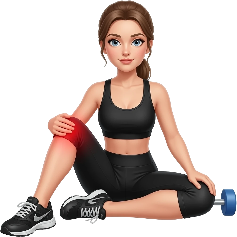 leg pain, red glow on thigh and leg, woman holding one leg, fair-skinned woman, gray-blue eyes, ash brown brows, ash light brown hair tied back, slim athletic body, black workout set emoji