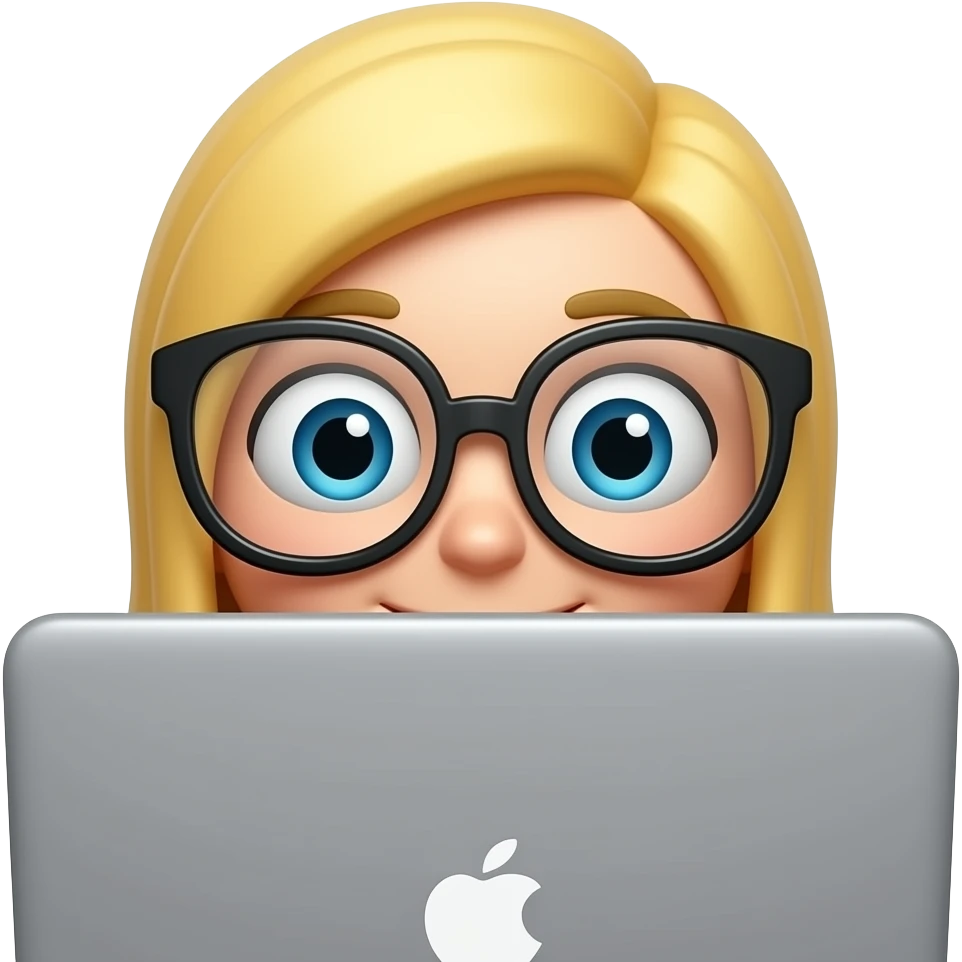3D emoji-style female character with blode hair and big glasses, eyes wide, peeking over a laptop, emoji