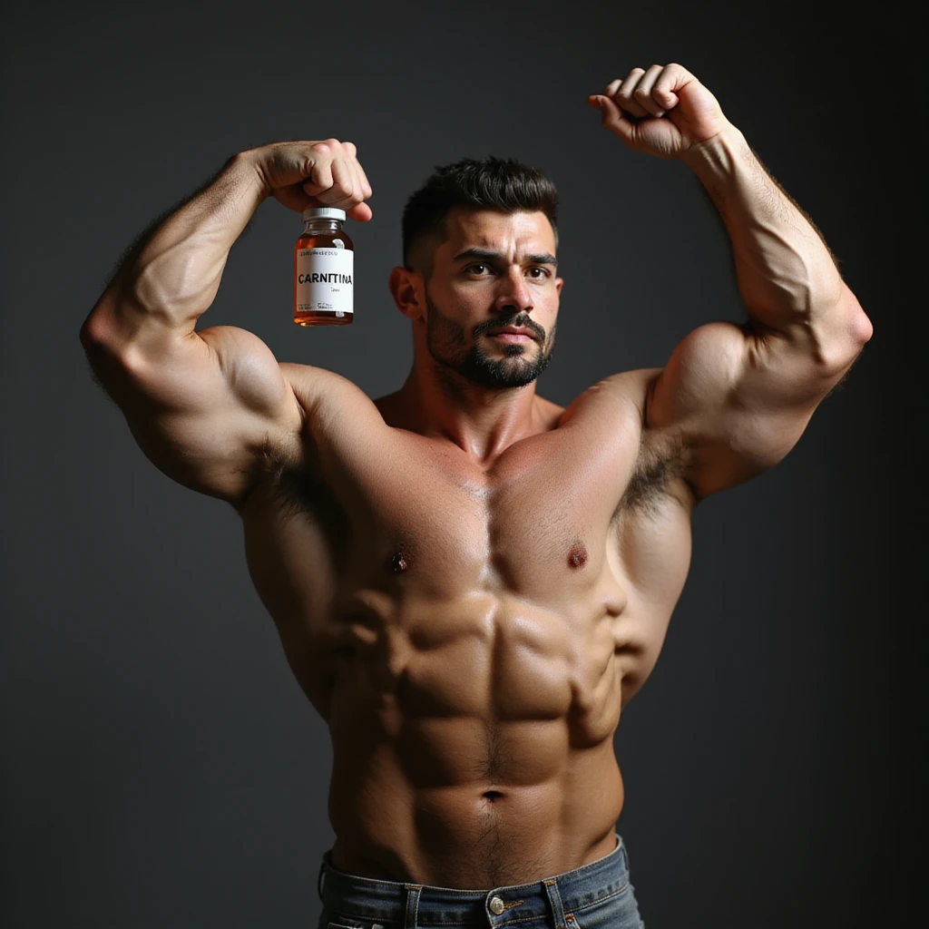 bodybuilder in victory pose, hyperrealism 4k, holding a vial with a label 'CARNITINA' in large block letters emoji