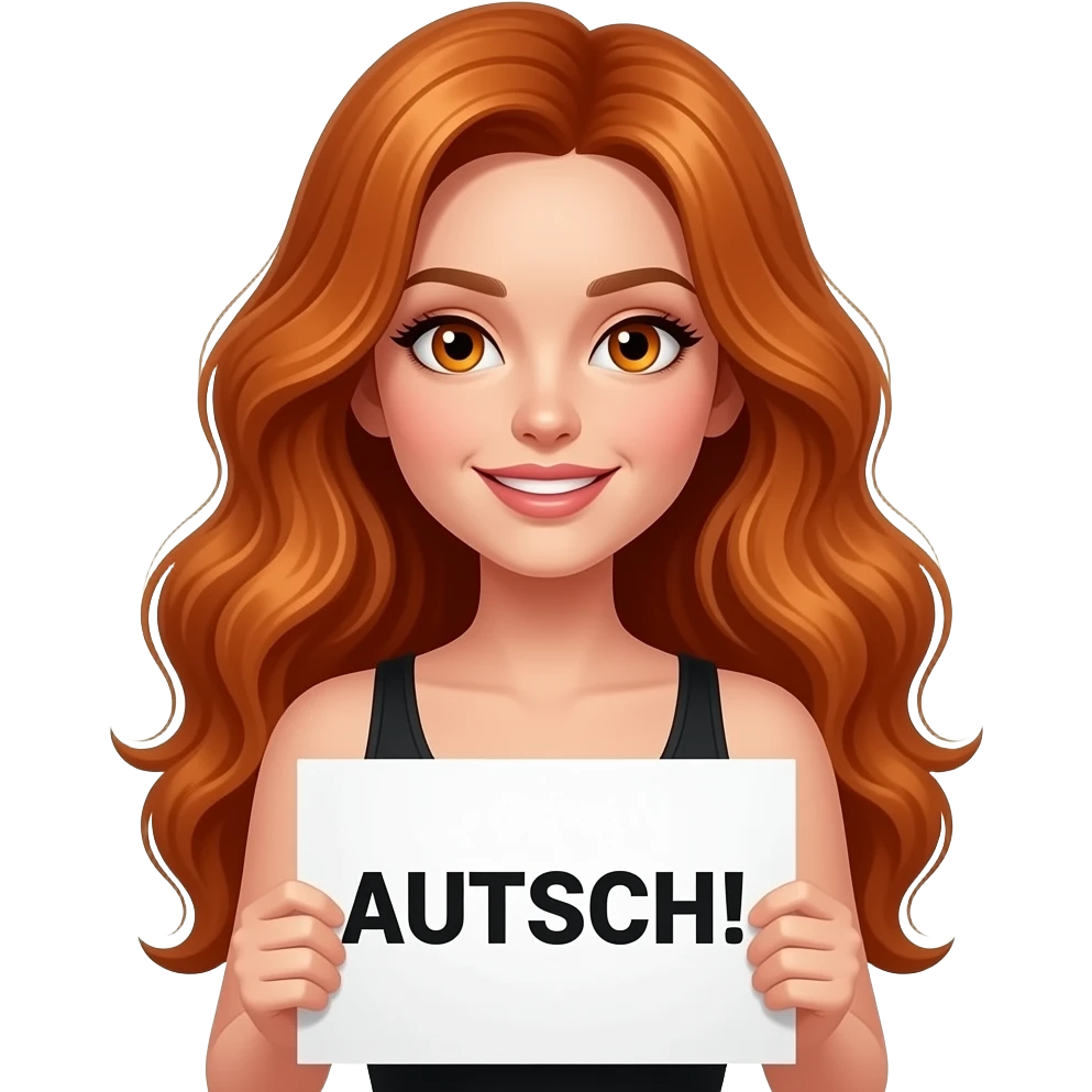 sexy girl with long wavy ginger hair and ginger eyes wearing a black tanktop is holding a white colored sign with AUTSCH! written on it emoji