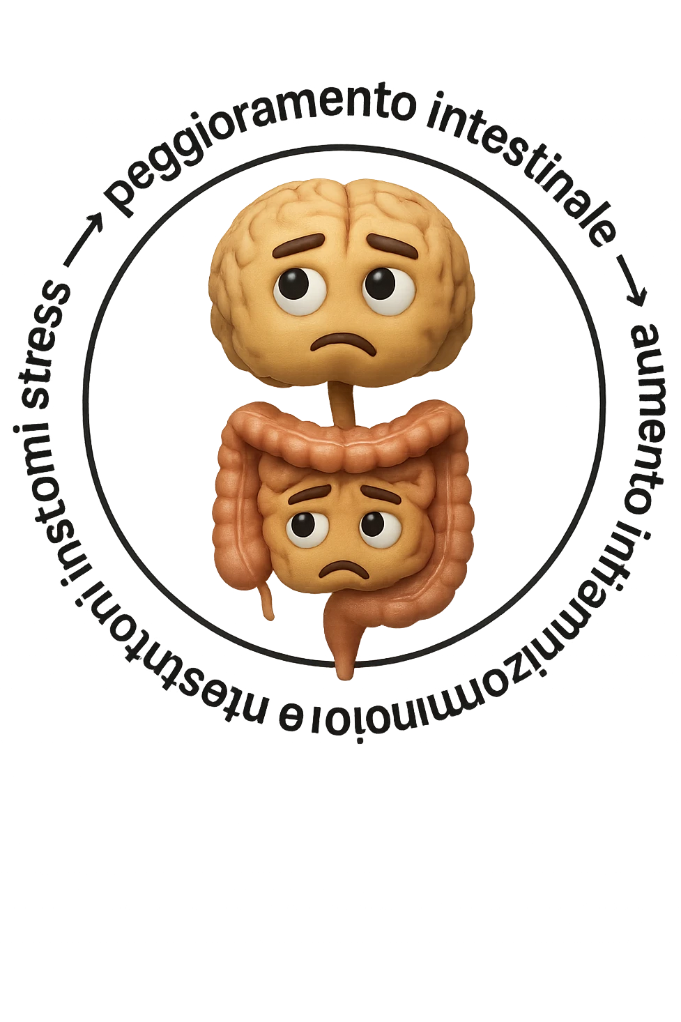 EMOJI STILE IPHONE 3D DI un cerchio con queste scritte che girano intorno "stress → peggioramento intestinale → aumento infiammazione → peggioramento sintomi intestinali e sistemici." al centro del cerchio metti un cervello e intestino umani collegati verticalmente con espressione dubbiosa in volto, FALLO MOLTO REALISTICO IN 3D emoji