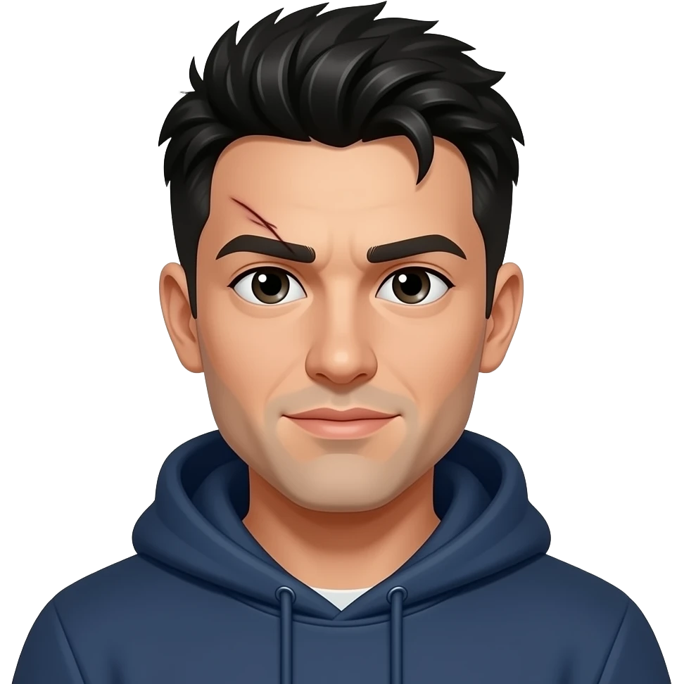 men with short wild black hair, wearing a dark blue hoodie emoji