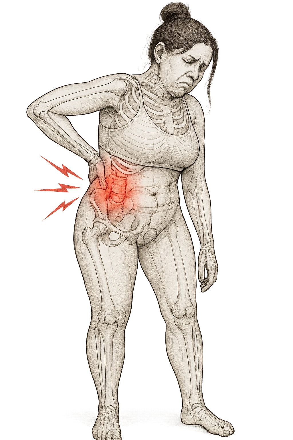 a woman in her 30s  holding her lower back with a pained expression. Subtle visual cues, like uneven shoulders or hips, hint at postural asymmetry. symbolizing chronic pain over the years. vista anatomicamente emoji
