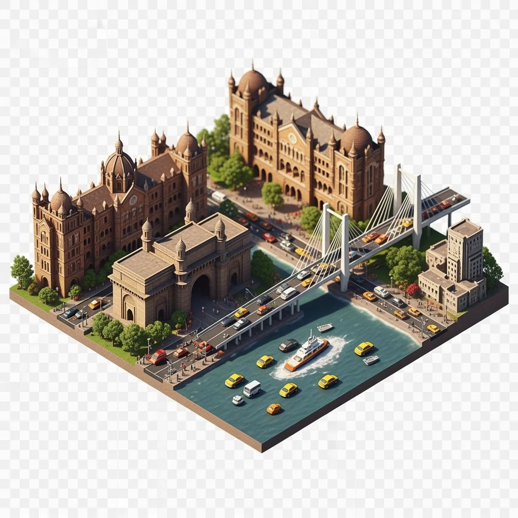 Isometric miniature of Mumbai region 3D miniature effect and Tilt Shift effect, no cartoonish look, transparent background. emoji