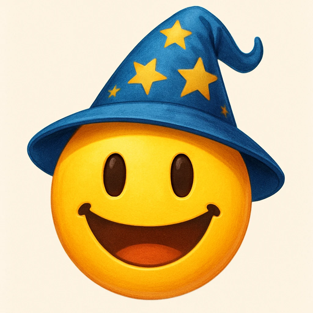 yellow face with blue wizard hat and stars emoji, digital illustration emoji