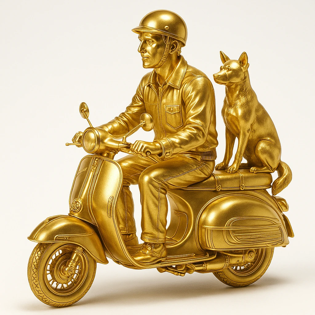 man and his pet dog riding a vespa emoji