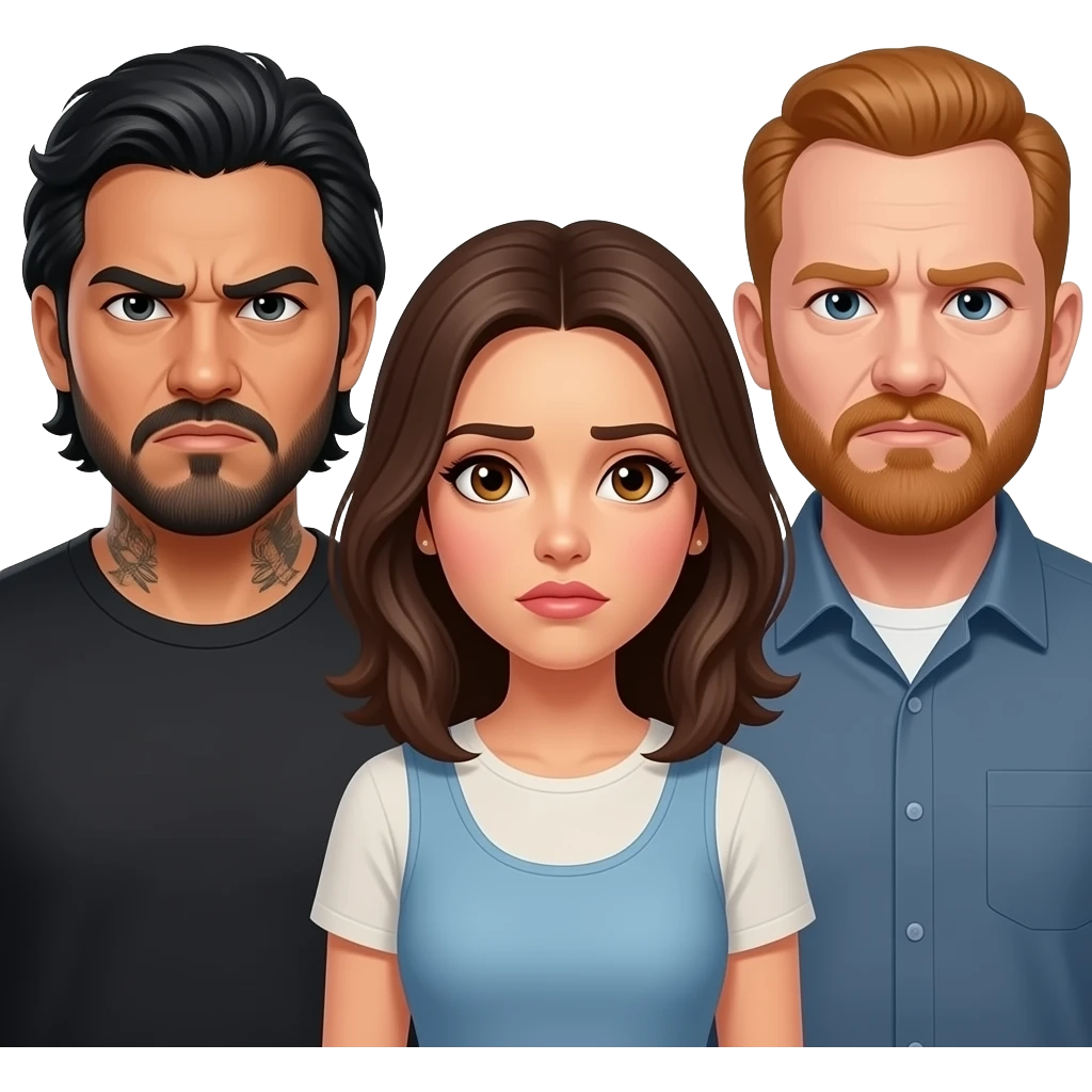 A really sad but angry Latino husband with medium length hair and beard and tattoos found out his wife was cheating on him with a bald, red bearded guy, and his wife is beautiful with hazel eyes and shoulder length brown hair and their relationship is broken emoji