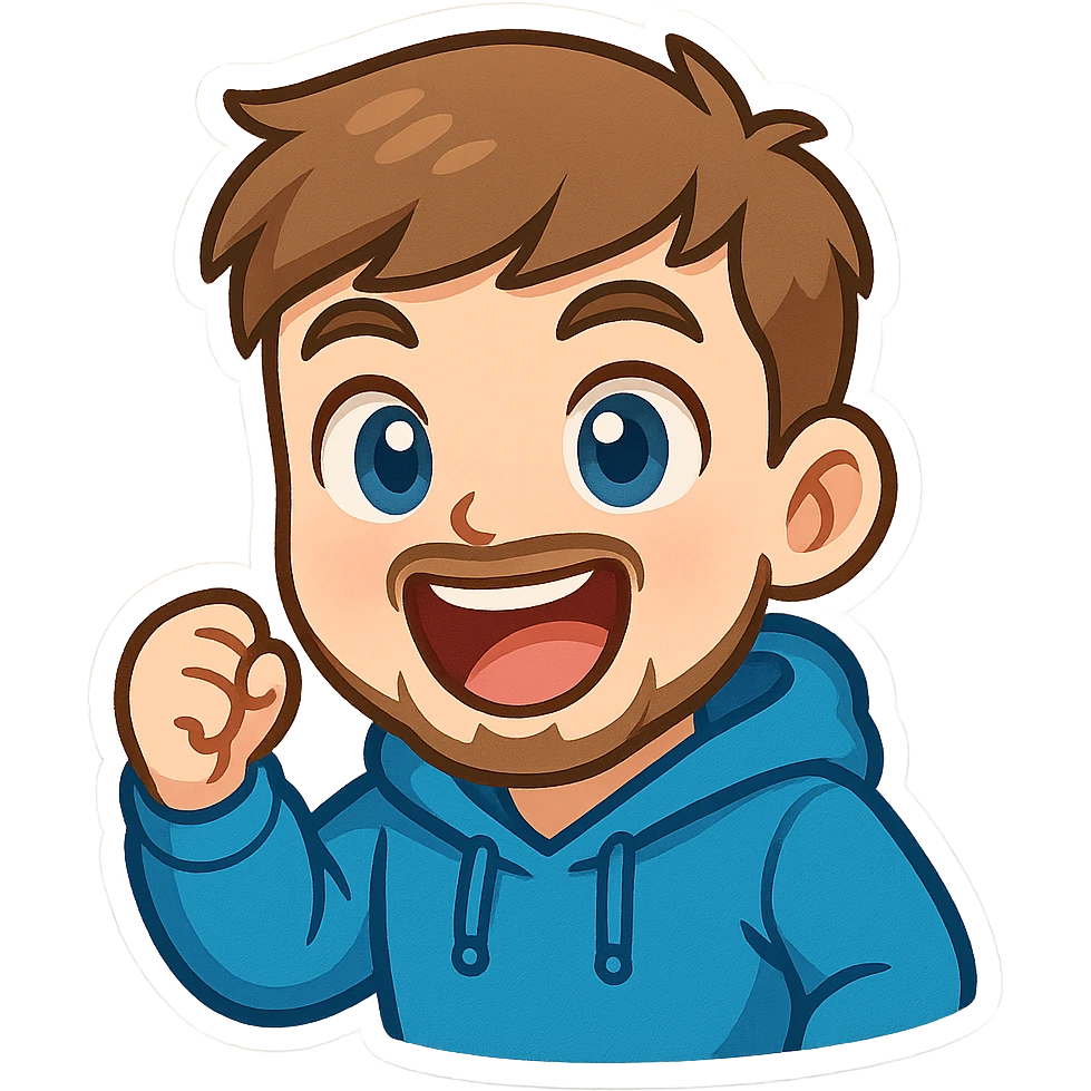 cartoon emoji of MrBeast with energetic expression, short brown hair, trimmed beard, blue eyes, wearing a blue hoodie, YouTube personality vibe emoji