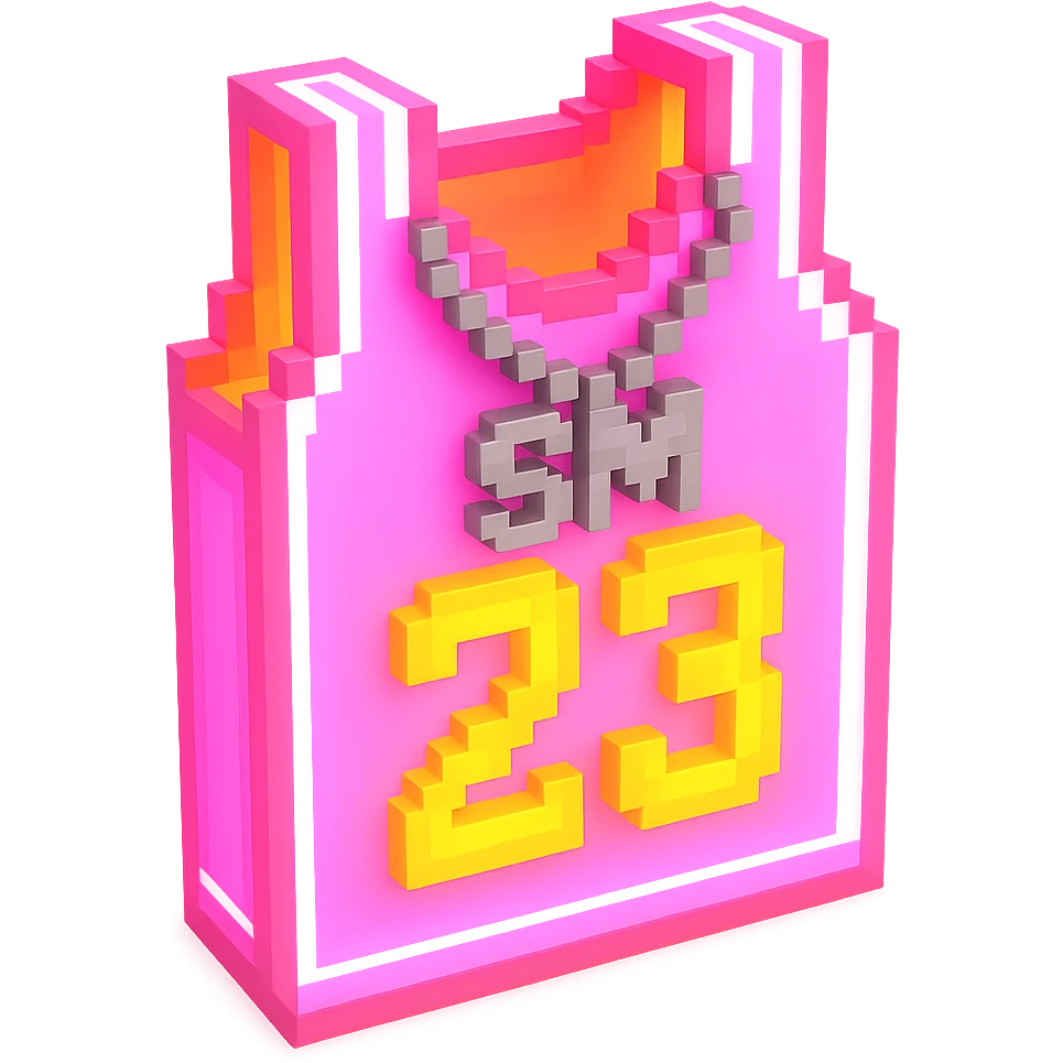 светящейся розовая баскетбольная майка с надписью "23" и серебряная цепь с надписью "SM", no background emoji