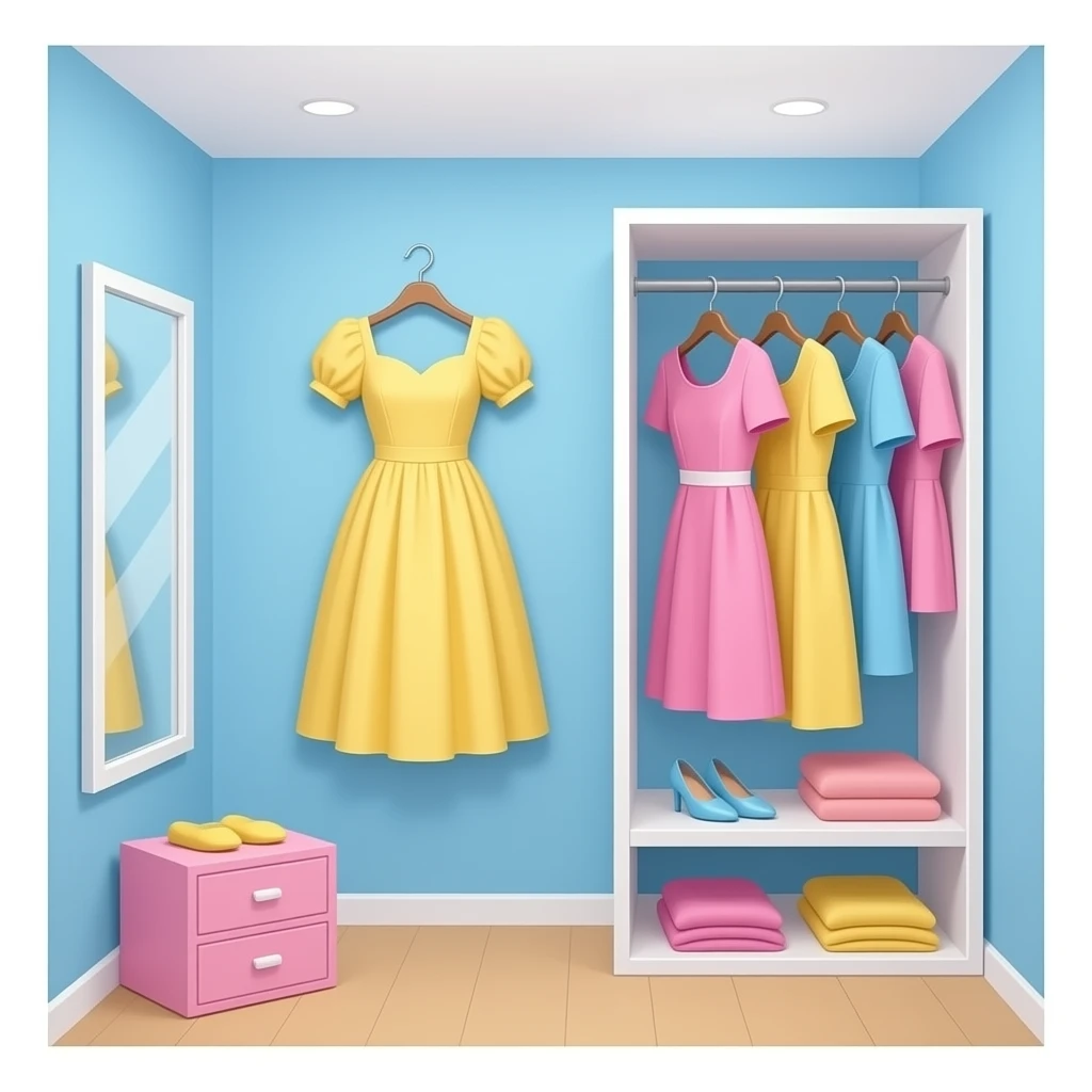 blue pink fitting room with yellow pastel dress, transparent background inspired by pastel colour pallete emoji