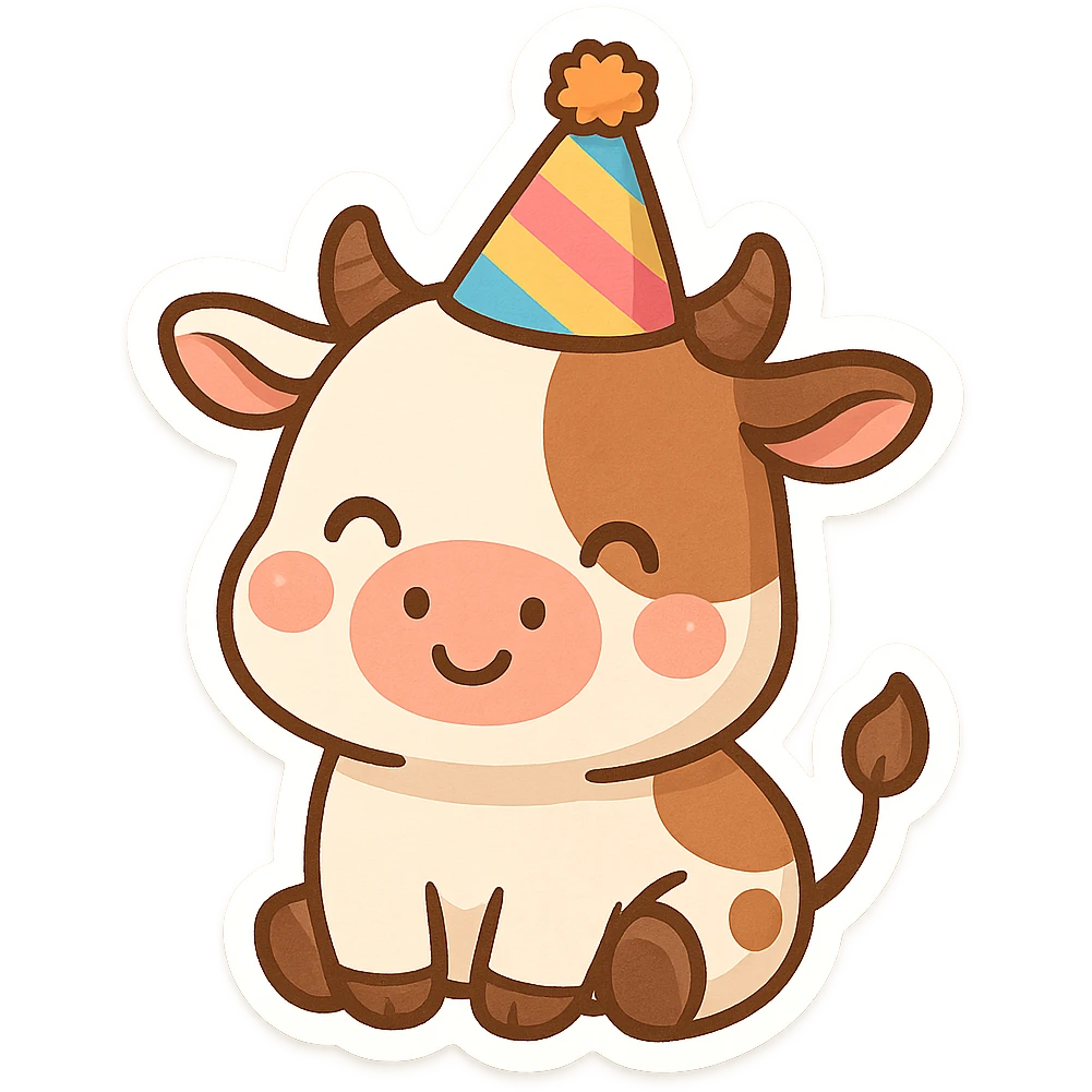 a cartoon cow with a colorful birthday hat emoji