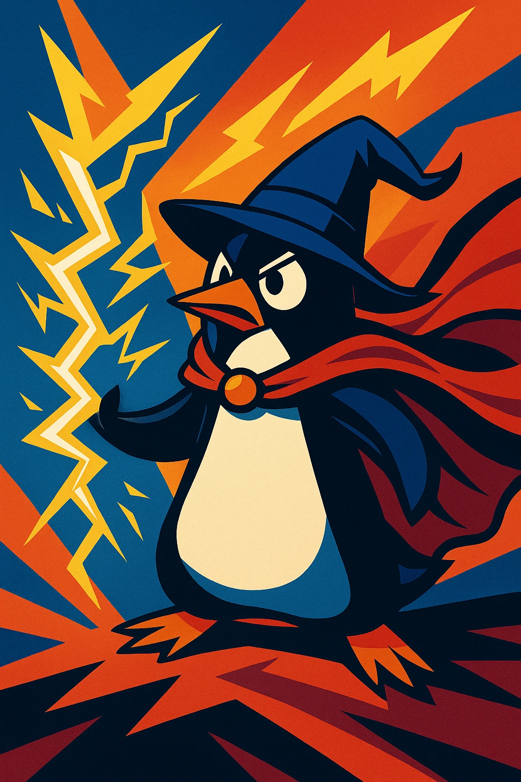 heroic penguin wizard with a dramatic cape and lightning magic, bold dynamic style, vibrant toon style emoji