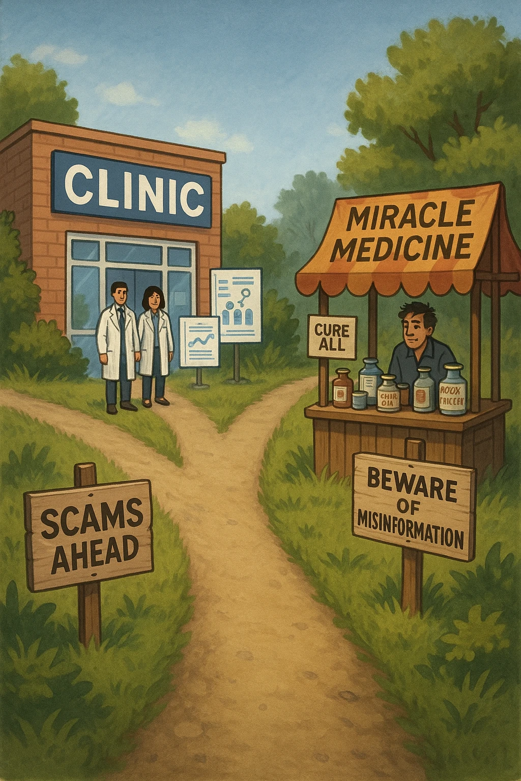 two paths diverge—one leads to a trustworthy clinic with doctors and scientific posters, the other to a shady stand selling “miracle” medicines with exaggerated claims. Signs along the second path warn of scams and misinformation. The scene encourages viewers to choose reliable, science-based healthcare. emoji