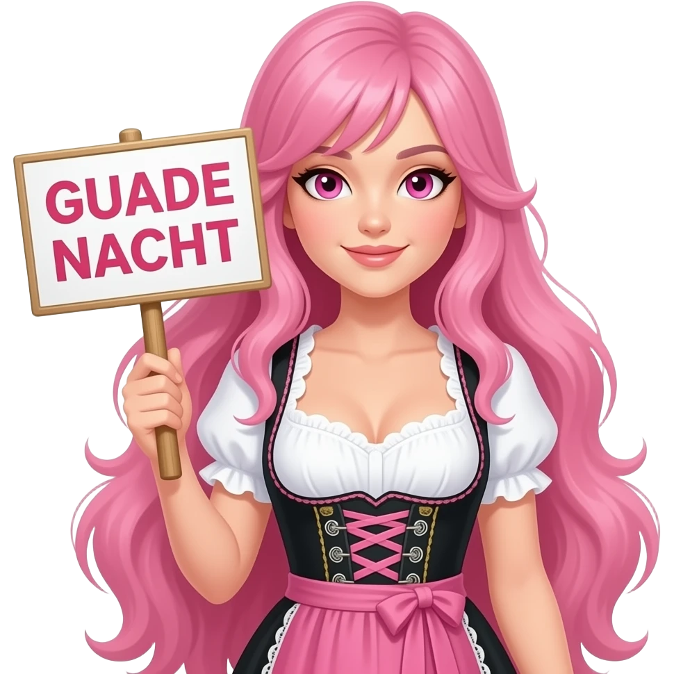 sexy girl with long pink hair and pink eyes wearing a dirndl holding a GUADE NACHT sign emoji