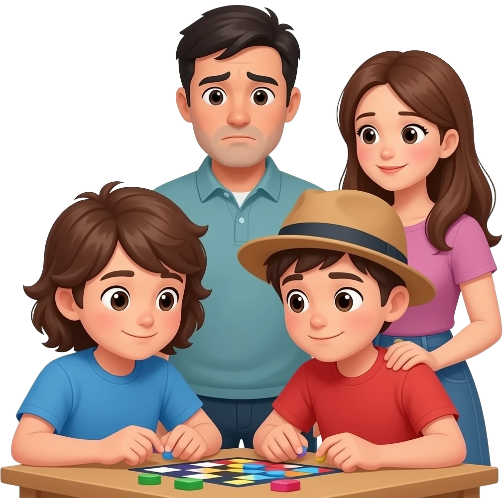 2 ADOLESCENTES SIN SONRISA JUGANDO A LA PLAY. UNO DE PELO LARGO , OTRO CON GORRA. PAPA DE RULOS MOROCHO PREOCUPADO Y MAMA DE PELO BIEN LARGO RIZADO COLORADO MIRANDO COMO JUEGAN LOS ADOLESCENTES emoji