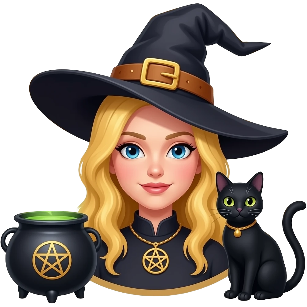 Witch with blonde hair, cauldron, pentagram, black cat, baphomet emoji