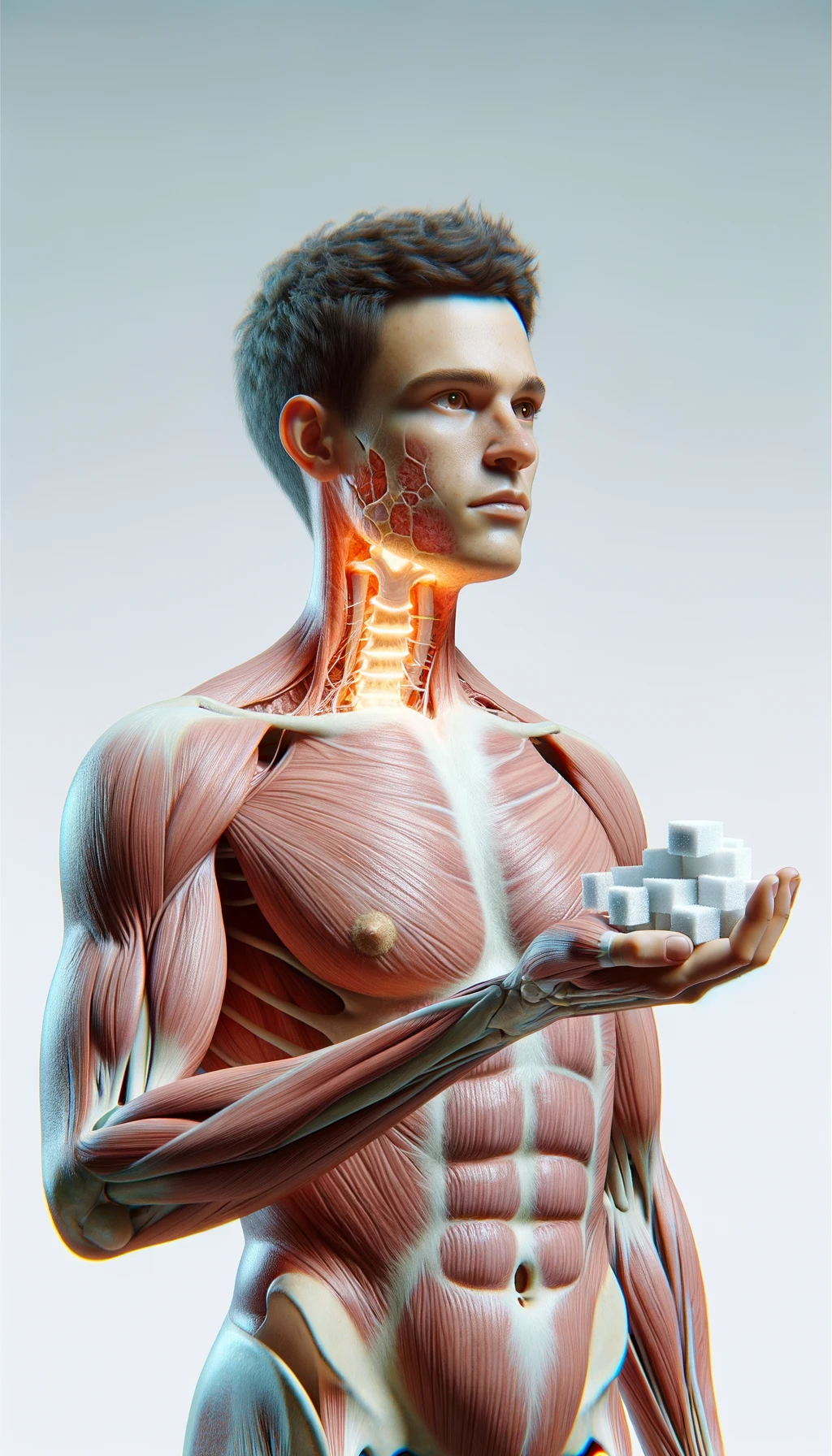 corpo umano anatomico con capelli corti a figura intera fino alle ginocchia, tiroide infiammata in evidenza, tiene in mano una manciata di zollette di zucchero, iperrealistica 4k, isolato su sfondo bianco emoji