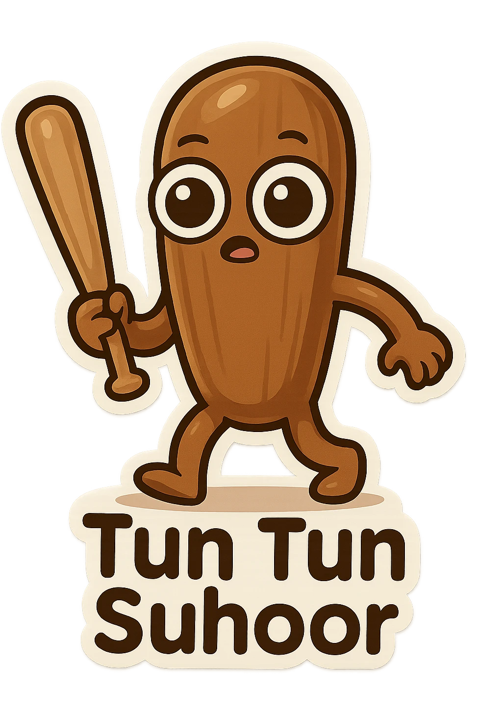 chibi emoji of Tun Tun Suhoor, wooden stick body, glossy brown finish, exaggerated big cartoon eyes, tiny mouth, human arms and legs, holding a wooden bat, silly and playful meme, no text emoji