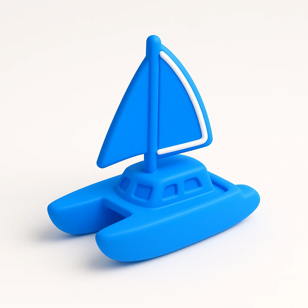 A catamaran with a white background. No wording or lettering on the boat.  emoji