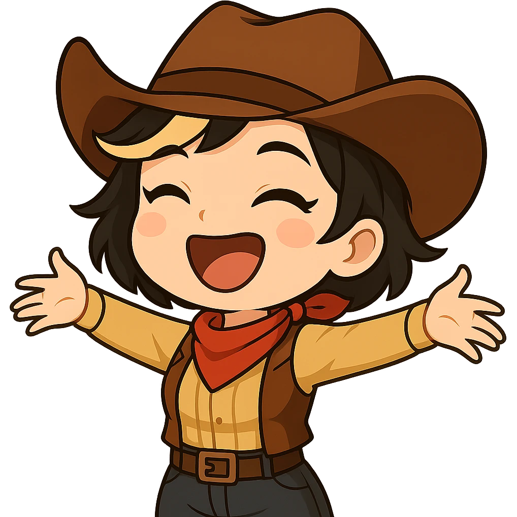 Sexy chibi cowgirl with short hair and a blonde streak, wearing a cowboy hat and western outfit, no guns. Pose: arms outstretched, laughing joyfully, chibi/anime style, sized for Twitch or Discord use, transparent background. emoji