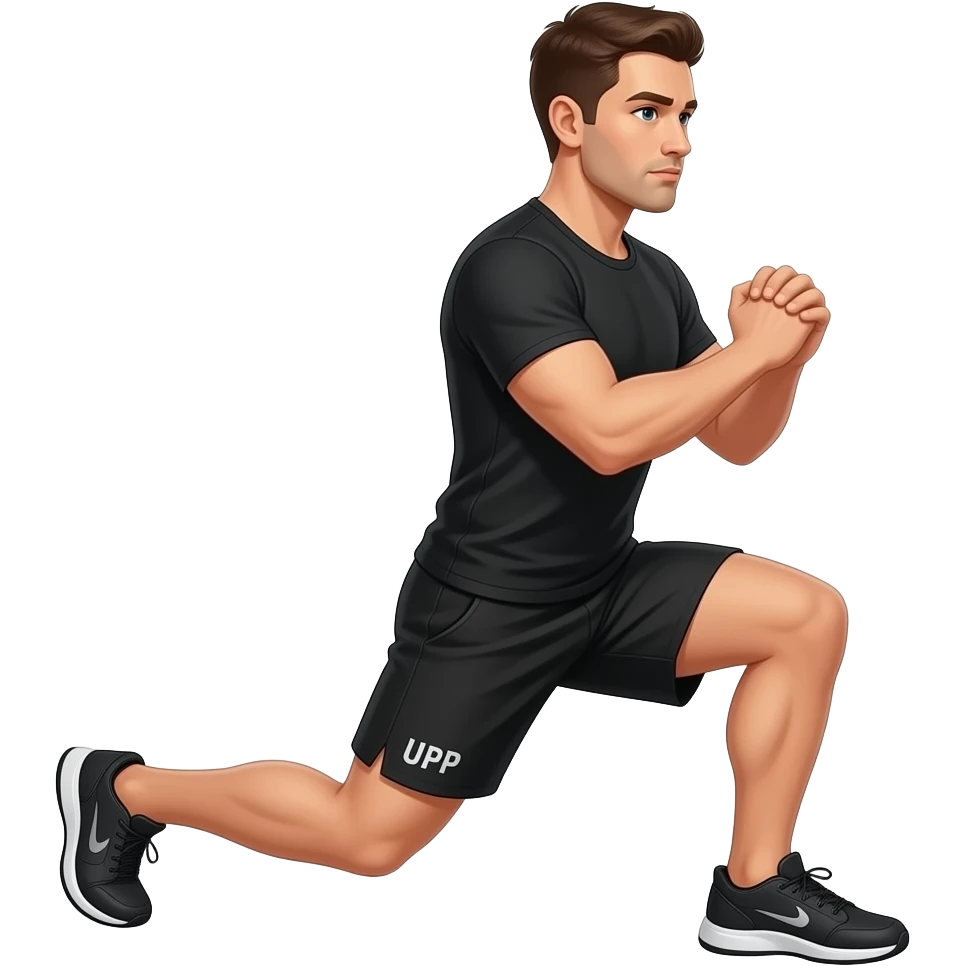 guy-wearing-all-black-workout-top-and-blakc-shorts-doing-lunge with "UPP" on his shorts emoji