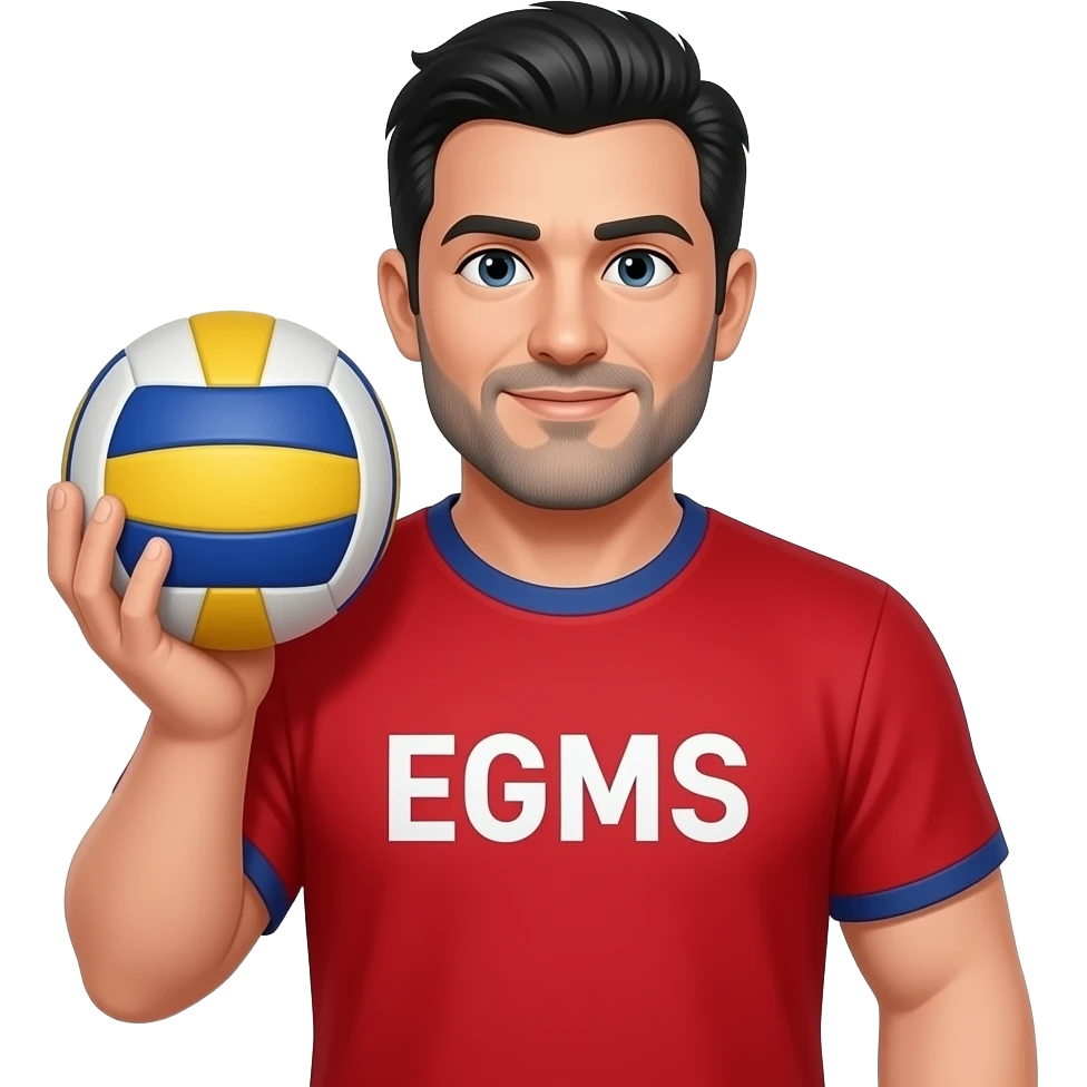 man kinda Chuncky with black hair grey beard and shirt that says                       EGMS   in red holding a volleyball kinda old emoji