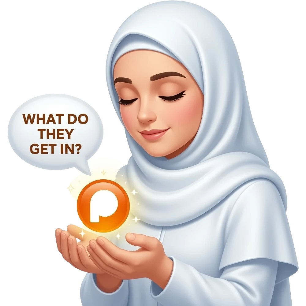 An ethereal Muslim woman, prayed position in place for prayer and rosary, closed eyes, wearing a soft white satin hijab, gently cupping a luminous Patreon icon made of liquid light. Text bubble: 'WHAT DO THEY GET IN?'. Isolated on white, magical stardust, 3D icon style emoji