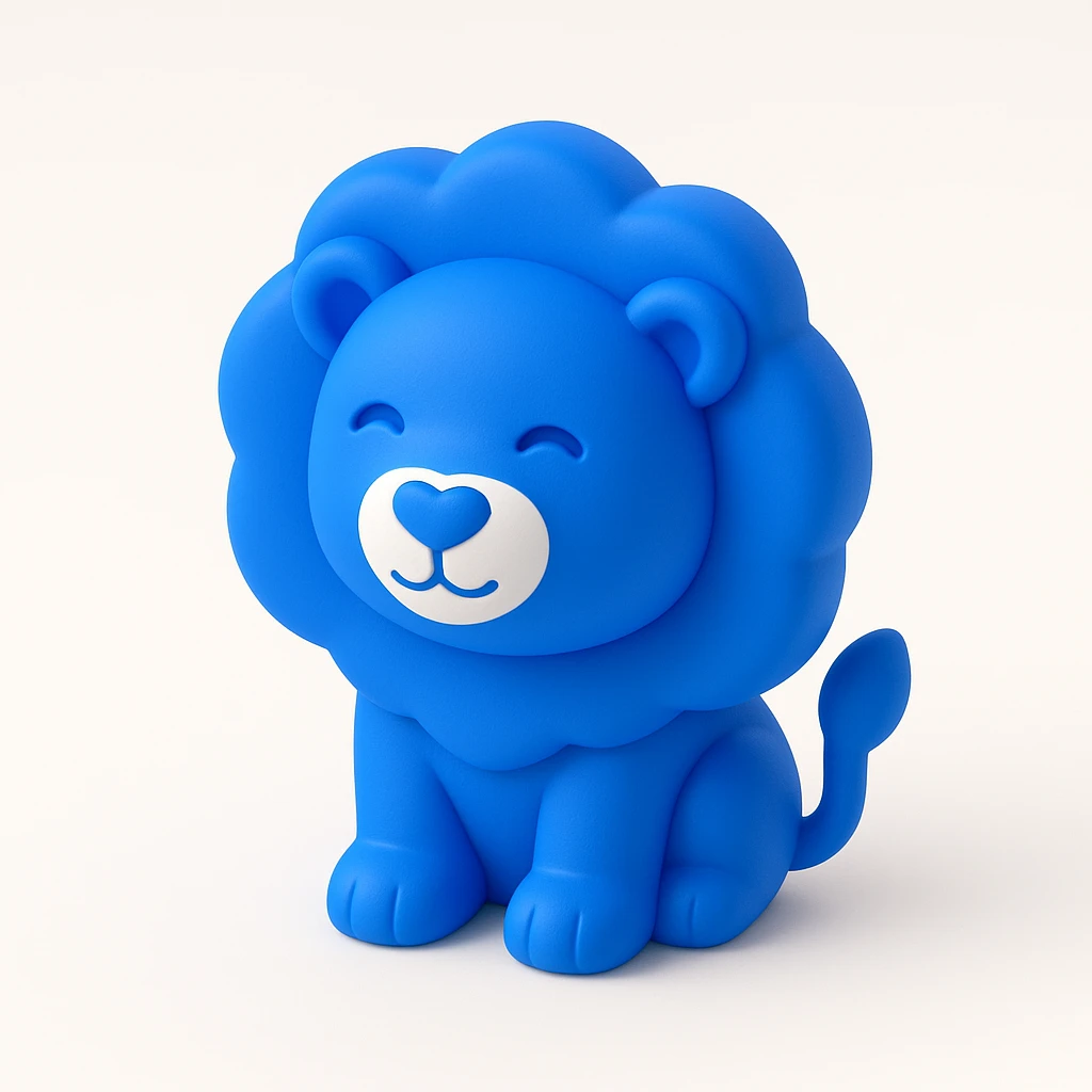 3D blue lion with a heart-shaped nose and soft expression emoji
