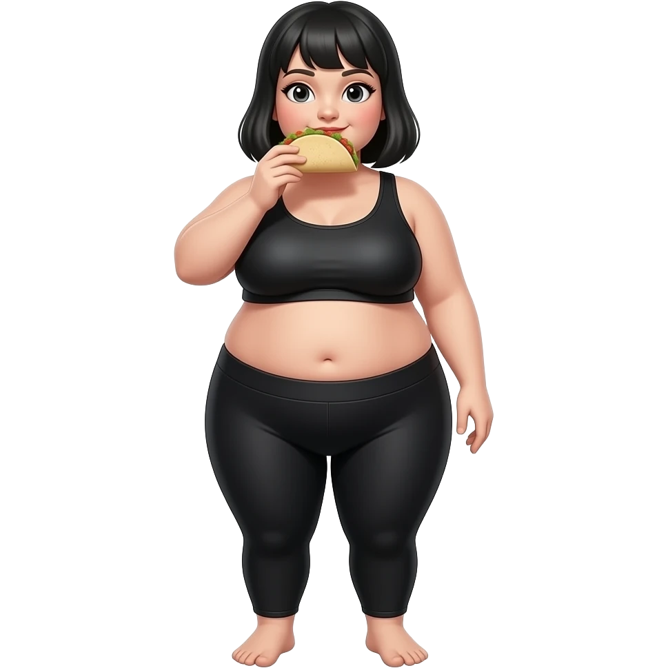 Fat girl full body wearing  black leggings with black hair eating a taco emoji